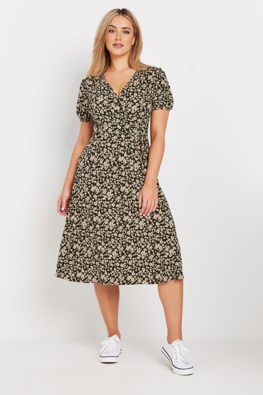 M&Co Natural Brown Ditsy Floral Print Midi Wrap Dress | M&Co 1