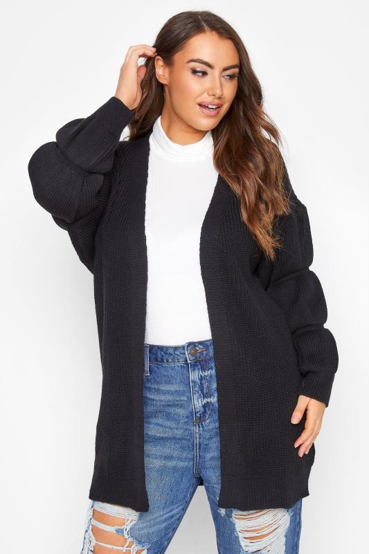 Black Ruched Sleeve Knitted Cardigan_A.jpg