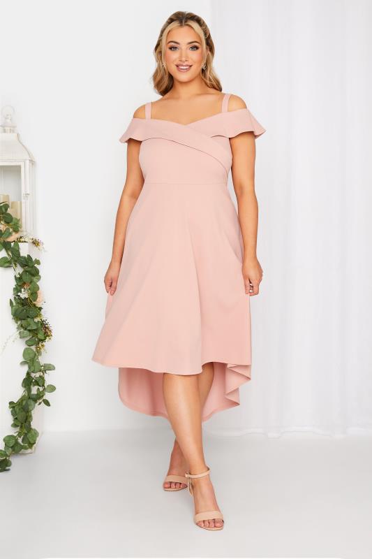  Grande Taille YOURS LONDON Curve Pink Bardot High Low Midi Bridesmaid Dress