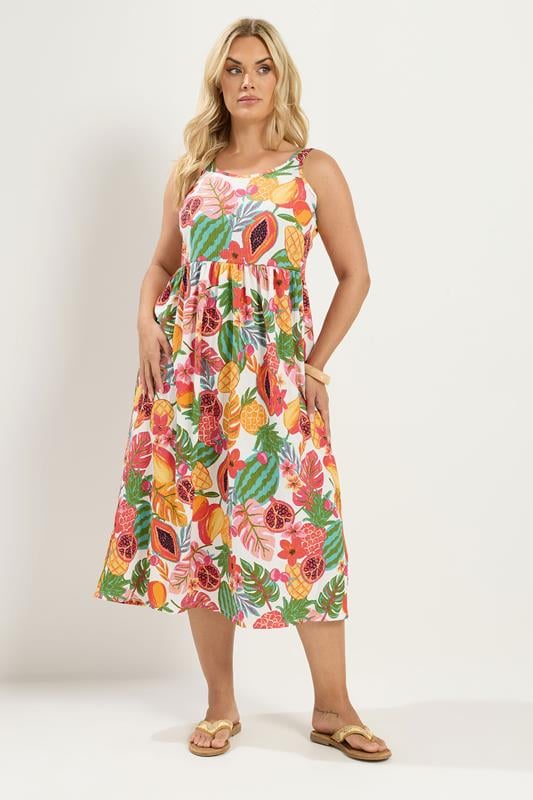  YOURS vestido smock blanco con estampado de frutas