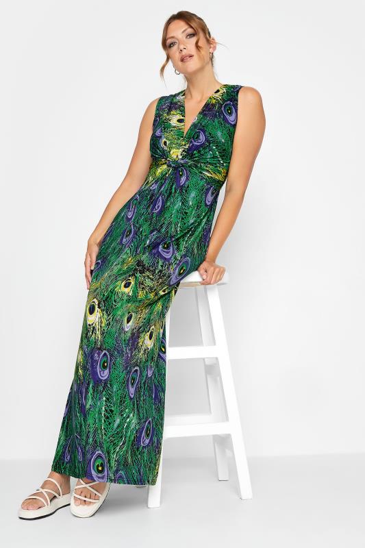 LTS Tall Women's Green Peacock Print V-Neck Knot Front Maxi Dress | Long Tall Sally 2