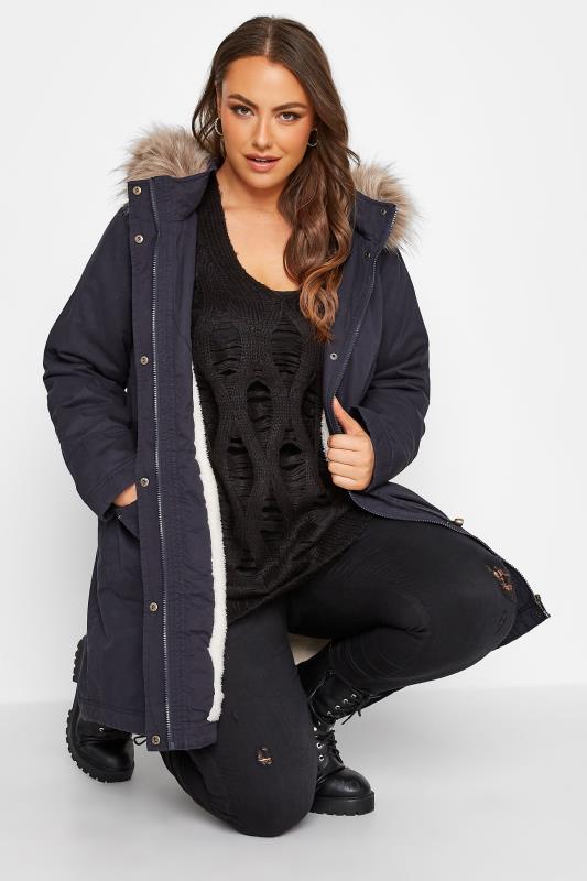 Curve Navy Blue Faux Fur Lined Hooded Parka 1