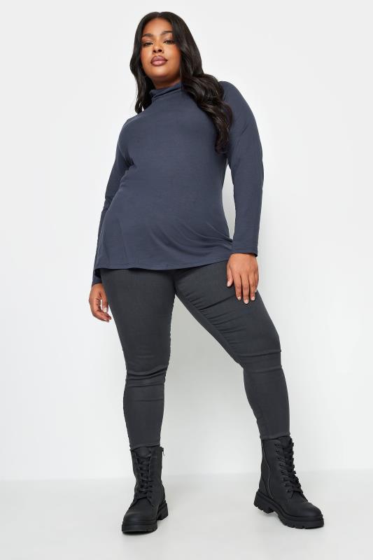 YOURS Plus Size Navy Blue Long Sleeve Turtle Neck Top | Yours Clothing 2