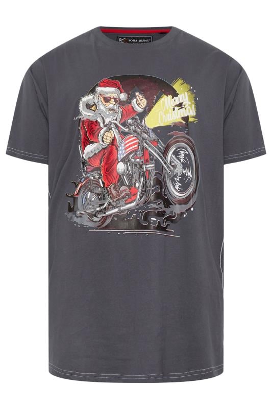 Men's  KAM Big & Tall Charcoal Grey Santa Biker Christmas T-Shirt