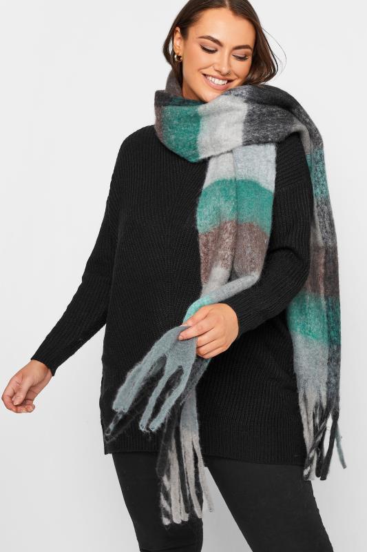 Grey Block Check Chunky Tassel Scarf | Yours Clothing 1