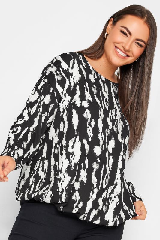 YOURS Curve Black Abstract Print Bubble Hem Top | Yours Clothing 1