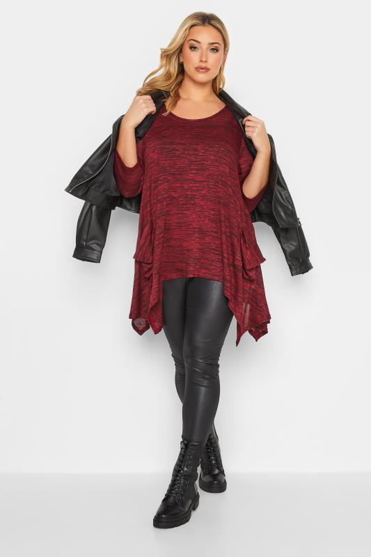 Curve Plus Size Red & Black Marl Pocket Hanky Hem Top | Yours Clothing  2