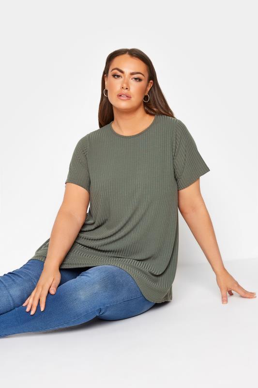 LIMITED COLLECTION Curve Khaki Green Ribbed Swing Top_D.jpg