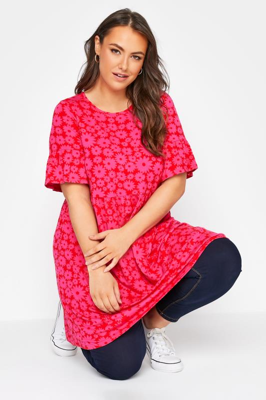 Plus Size  Curve Red & Pink Floral Print Smock Tunic Dress