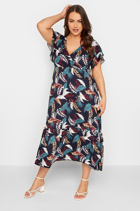 YOURS Plus Size Navy Blue Leaf Print Frill Sleeve Wrap Maxi Dress | Yours Clothing 2