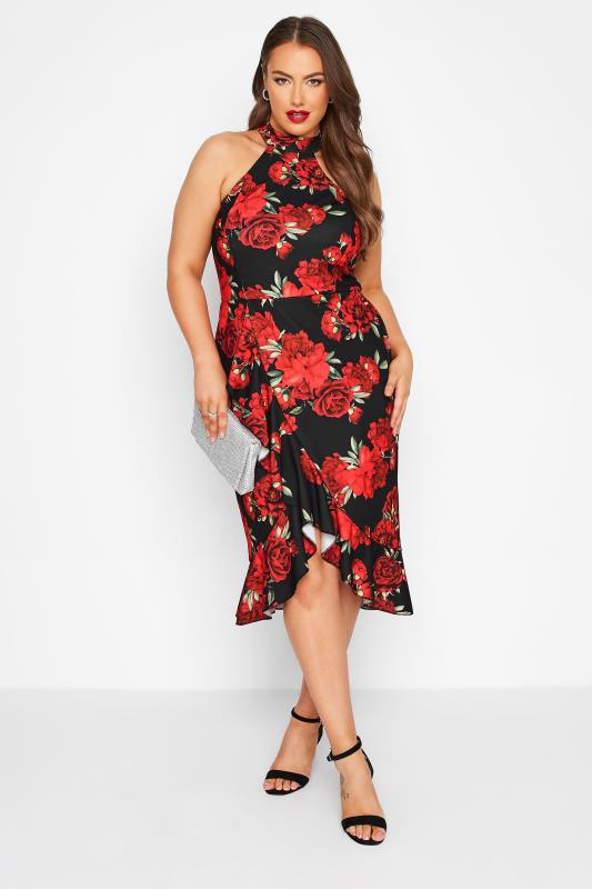  YOURS LONDON Curve Red & Black Floral Ruffle Bodycon Wrap Dress