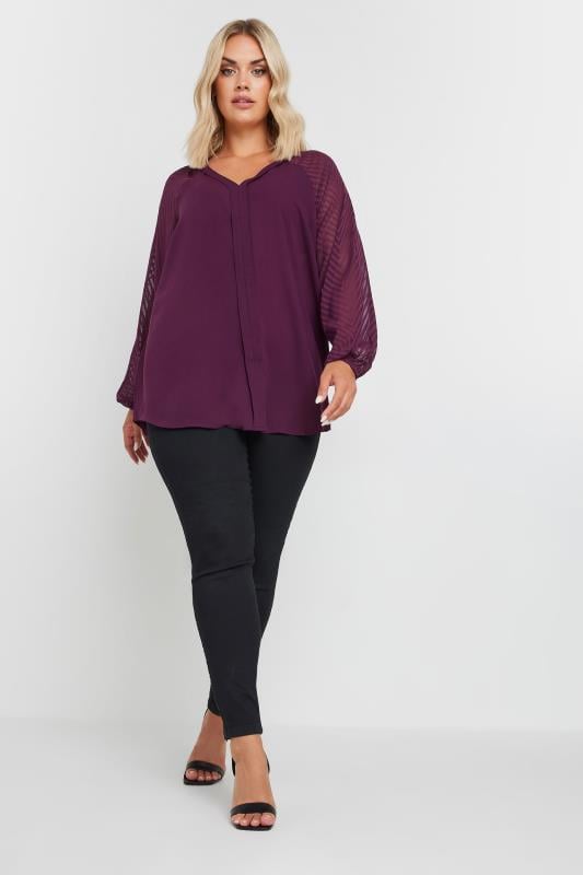 YOURS Plus Size Purple Burnout Sleeve V-Neck Blouse | Yours Clothing 2