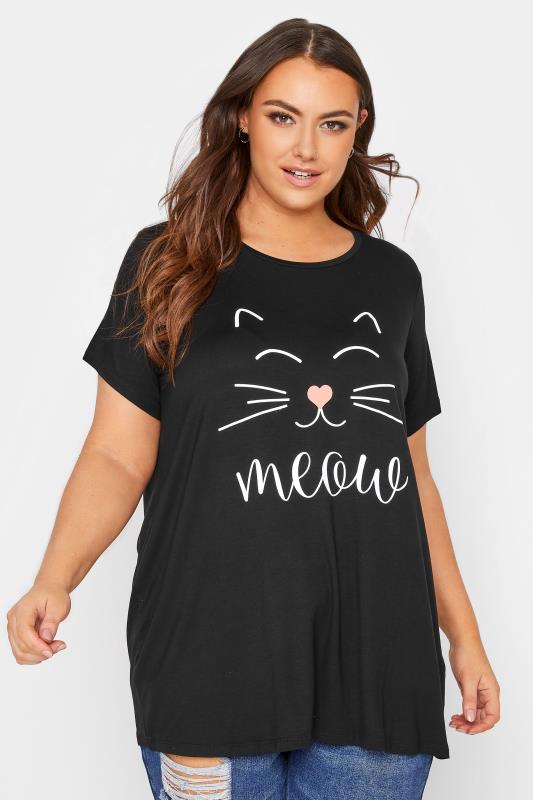 Plus Size  Black 'Meow' Slogan Printed T-Shirt