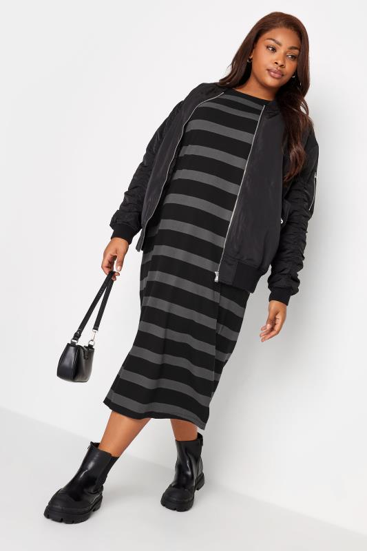 YOURS Plus Size Black Stripe Print Oversized Midaxi T-Shirt Dress | Yours Clothing 3