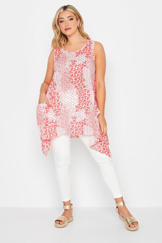 YOURS Curve Plus Size Red Ditsy Print Hanky Hem Vest Top | Yours Clothing 2