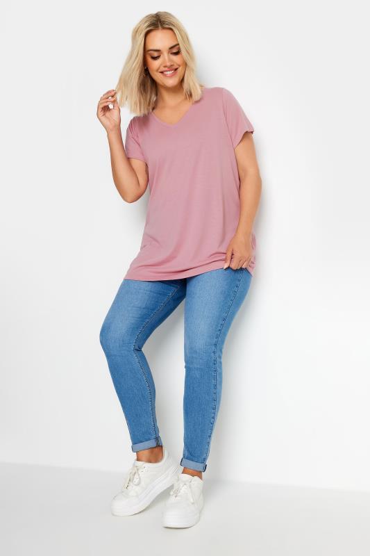YOURS Plus Size Pink V-Neck Core T-Shirt | Yours Clothing 2