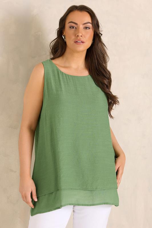 EVANS Plus Size Khaki Green Double Layer Vest Top | Evans 1