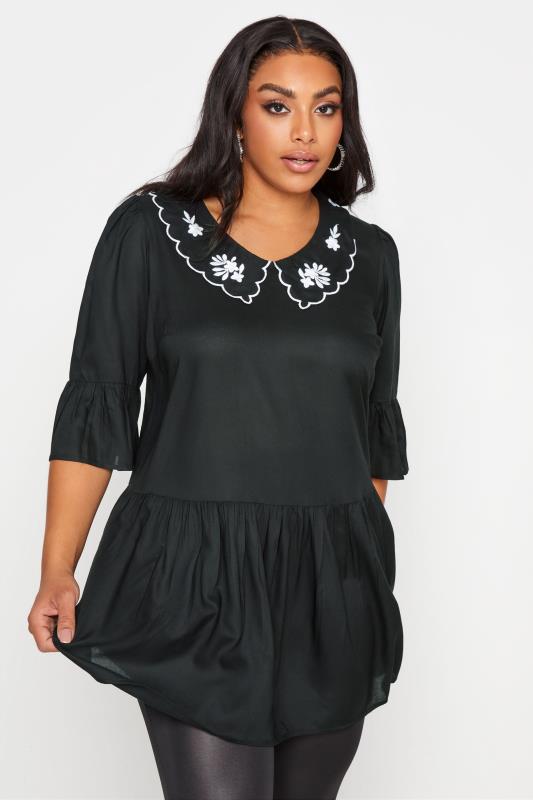 LIMITED COLLECTION Black Embroidered Collar Peplum Blouse_A.jpg