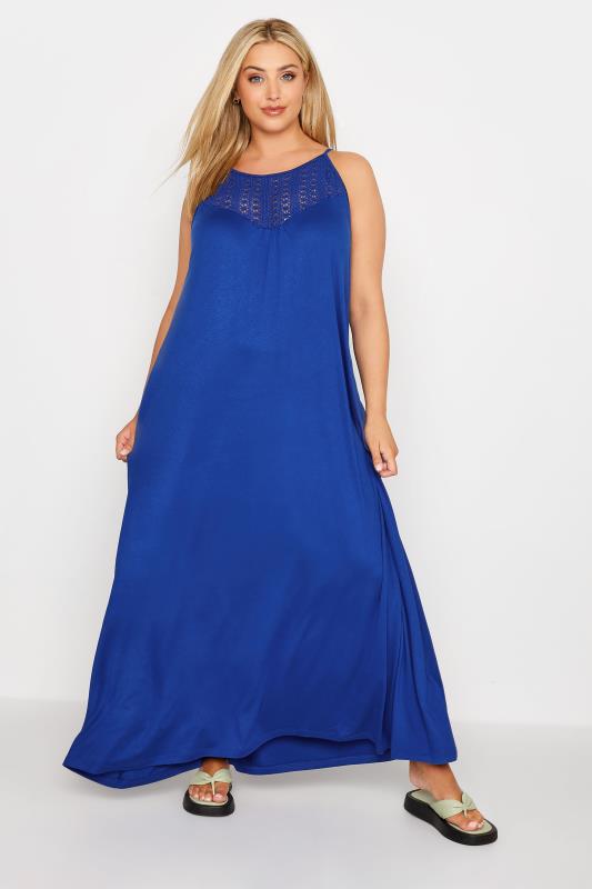 Plus Size Blue Crochet Neckline Sleeveless Maxi Dress | Yours Clothing 1