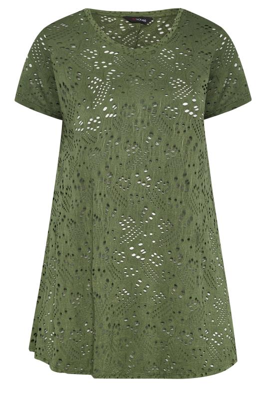 YOURS Curve Plus Size Khaki Green Broderie Anglaise Swing V-Neck T-Shirt | Yours Clothing  6