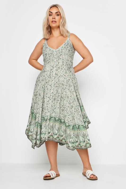 Plus Size  YOURS Curve Green Floral Print Hanky Hem Dress