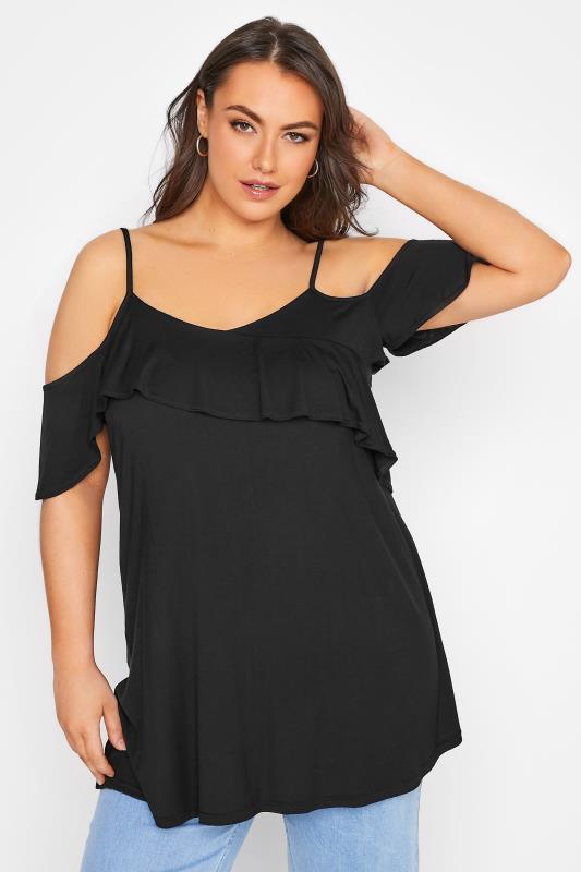 Plus Size Black Frill Cold Shoulder Top | Yours Clothing  1