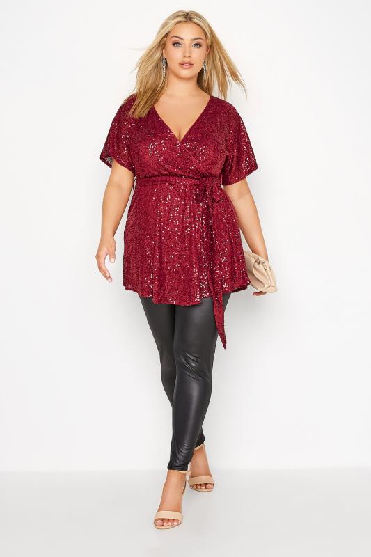 YOURS LONDON Plus Size Wine Red Sequin Embellished Wrap Top | Yours Clothing 2