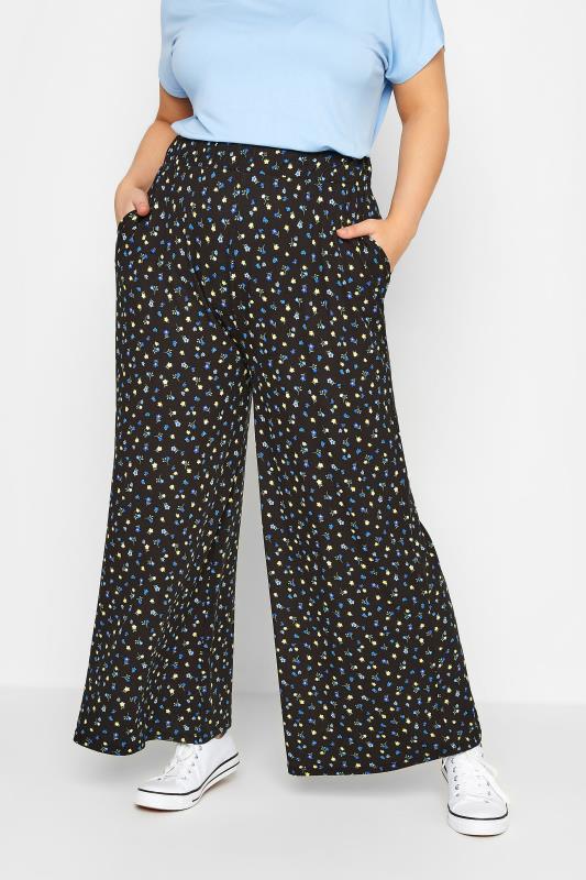 YOURS Plus Size Curve Black Ditsy Print Wide Leg Trousers | Yours Clothing  1