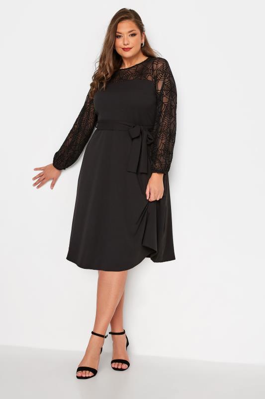 YOURS LONDON Plus Size Black Flocked Halloween Skater Dress | Yours Clothing 2