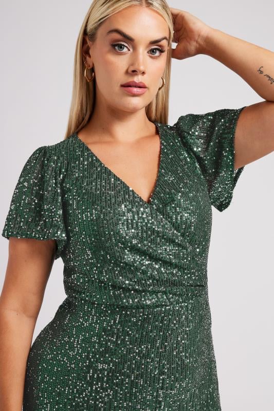 YOURS LONDON Plus Size Green Sequin Embellished Wrap Dress | Yours Clothing  4