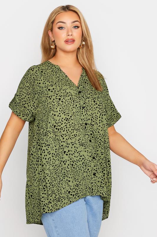  Grande Taille Curve Green Animal Markings Grown On Sleeve Shirt