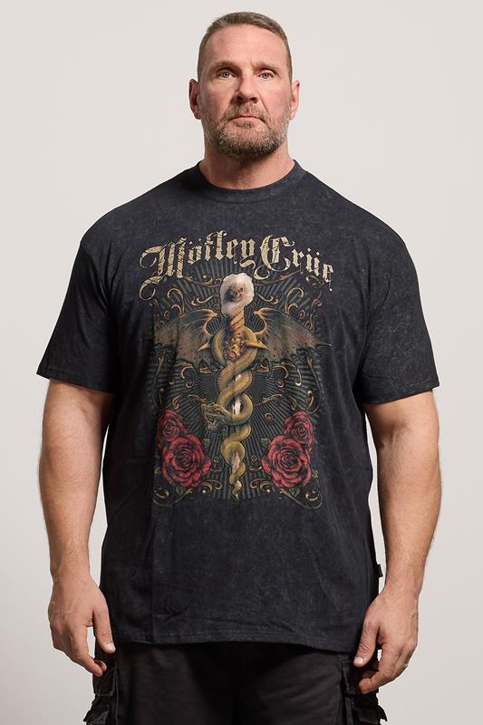  BadRhino Big & Tall zwart extra lang T-shirt met Motley Crue acid wash-print