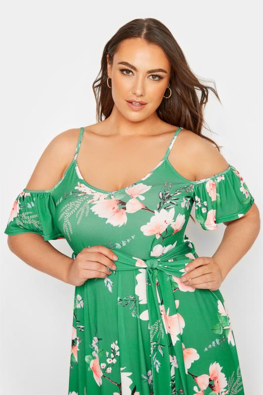 YOURS LONDON Plus Size Green Floral Cold Shoulder Dress | Yours Clothing 5