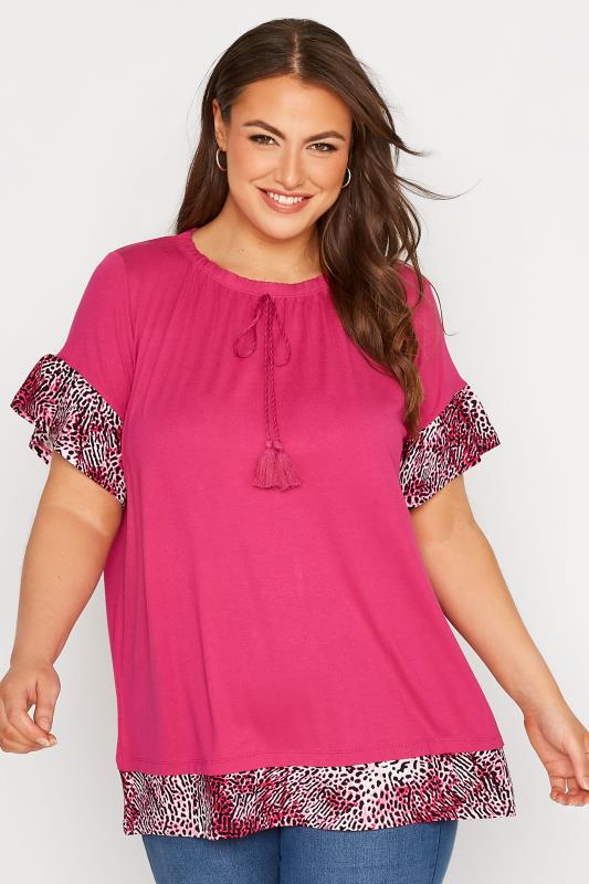Plus Size Pink Animal Print Contrast Trim Tunic Top | Yours Clothing 1