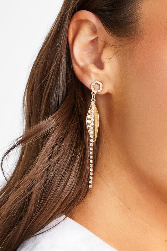 Gold Leaf Diamante Drop Earrings | Yours Clothing 1