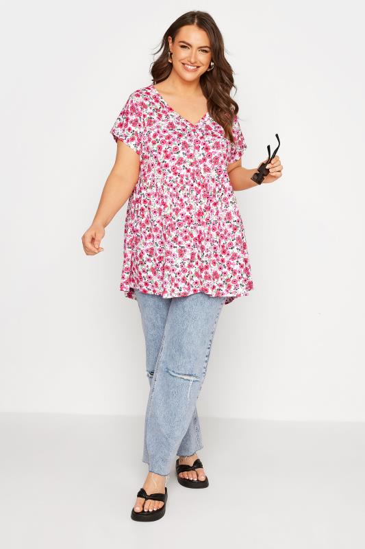 Plus Size Pink Floral Print Button Through Smock Top | Yours Clothing  2