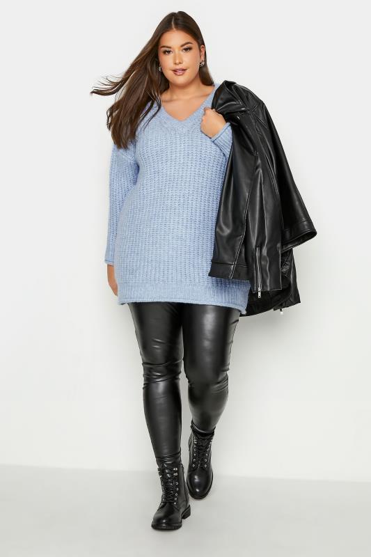 Plus Size Curve Blue V-Neck Knitted Jumper | Yours Clothing  2