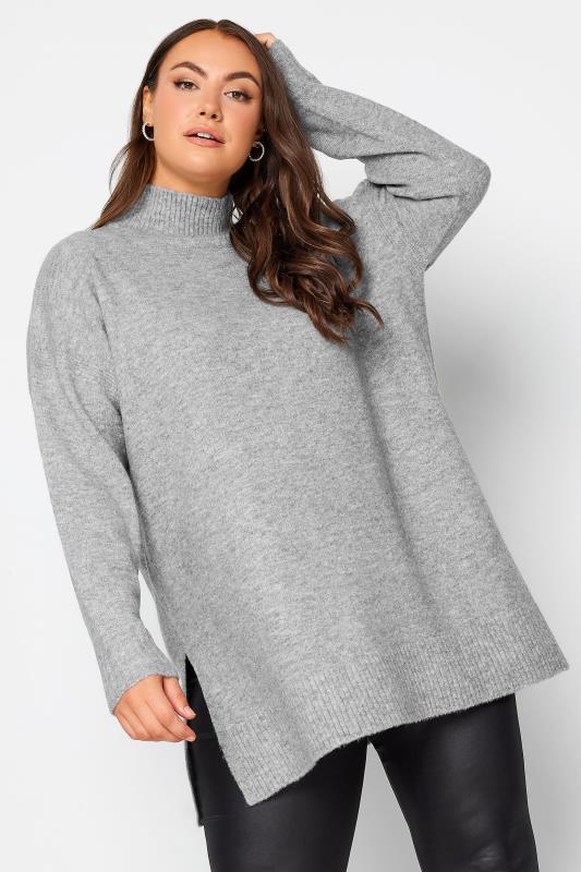 YOURS Plus Size Grey High Neck Knitted Jumper | Yours Clothing 2