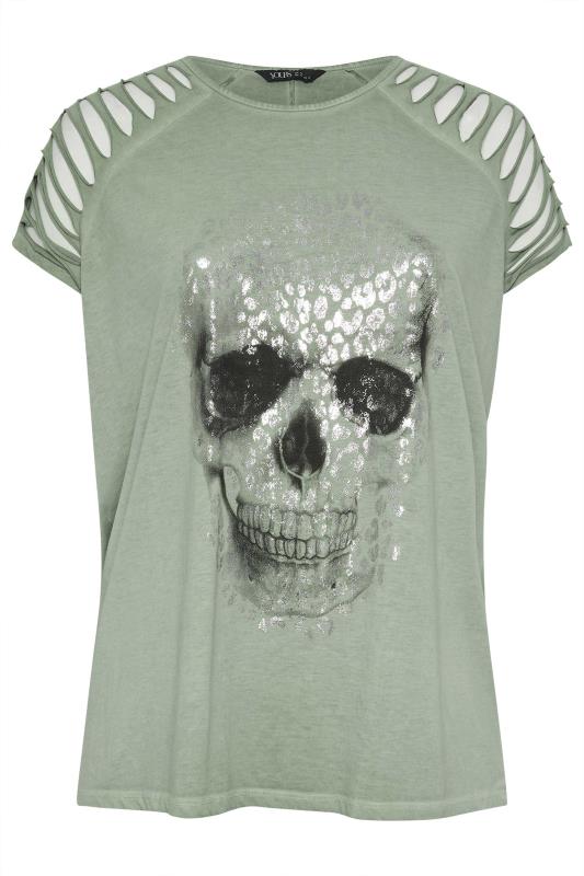 Plus Size  YOURS Curve Green Foil Skull Print T-Shirt