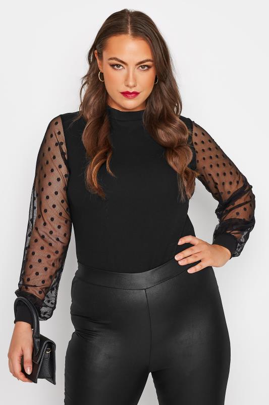 Plus Size  LIMITED COLLECTION Curve Black Mesh Dobby Sleeve Bodysuit