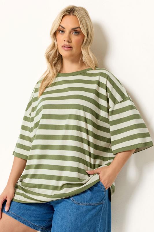  YOURS Curve Khaki Green & Cream Boxy T-Shirt