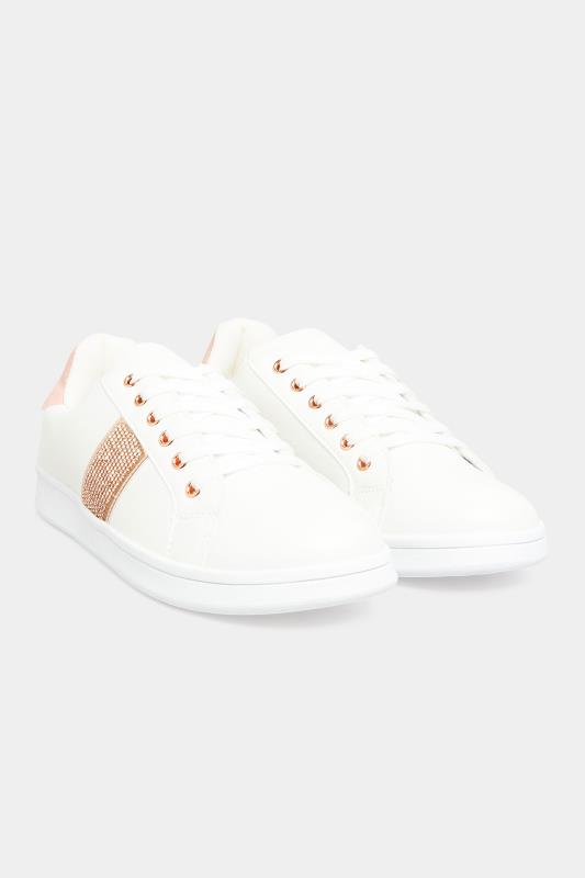 Plus Size White & Rose Gold Diamante Stripe Trainers In Wide E Fit | Yours Clothing 2