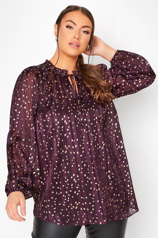 YOURS LONDON Plus Size Purple & Gold Animal Print Ruffle Blouse | Yours Clothing 1