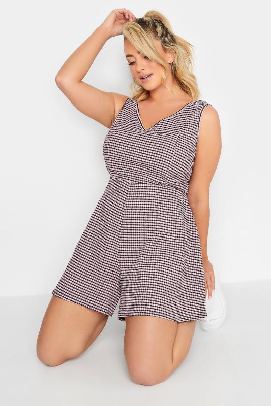 LIMITED COLLECTION Plus Size Pink Gingham Crinkle Playsuit | Yours Clothing 1