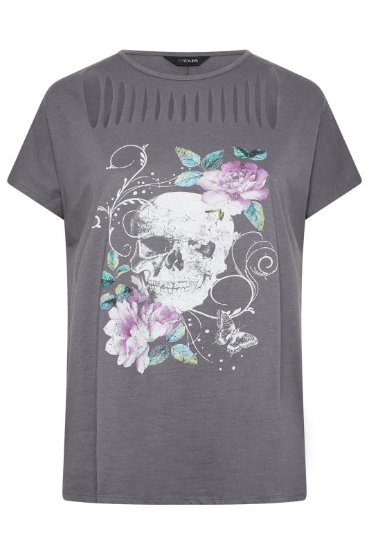 YOURS Plus Size Grey Skull Print Distressed T-Shirt | Yours Clothing 6