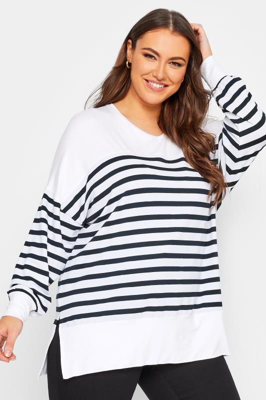 YOURS Plus Size Curve White & Navy Blue Stripe Long Sleeve Top | Yours Clothing  1