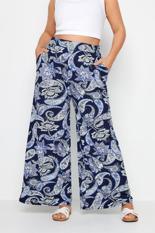 YOURS Plus Size Blue Paisley Print Wide Leg Trouser | Yours Clothing 1