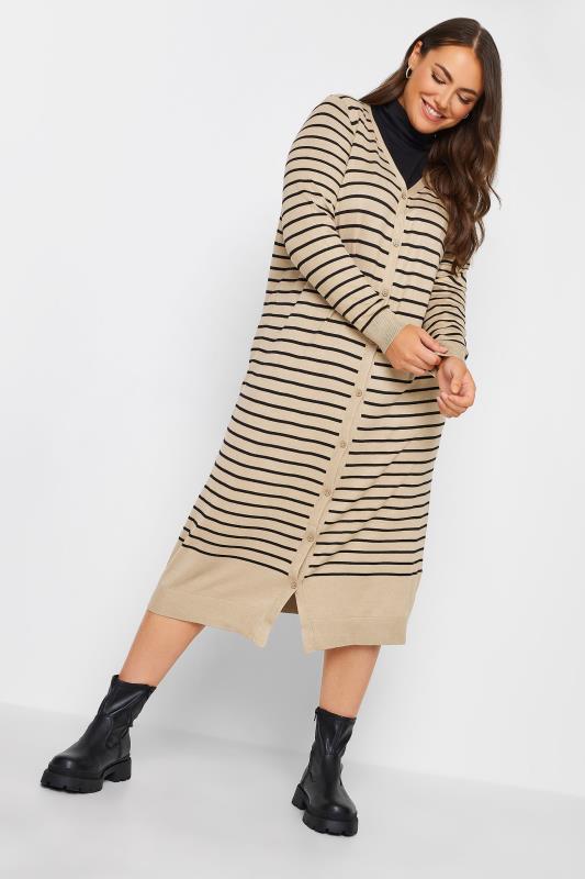 YOURS Plus Size Beige Brown Stripe Print Maxi Cardigan | Yours Clothing
