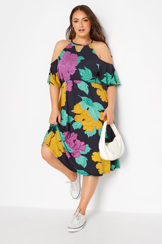 Plus Size Black Floral Cold Shoulder Dress | Yours Clothing 1