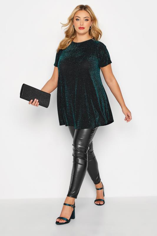 Plus Size YOURS LONDON Teal Blue Glitter Swing Top | Yours Clothing 2